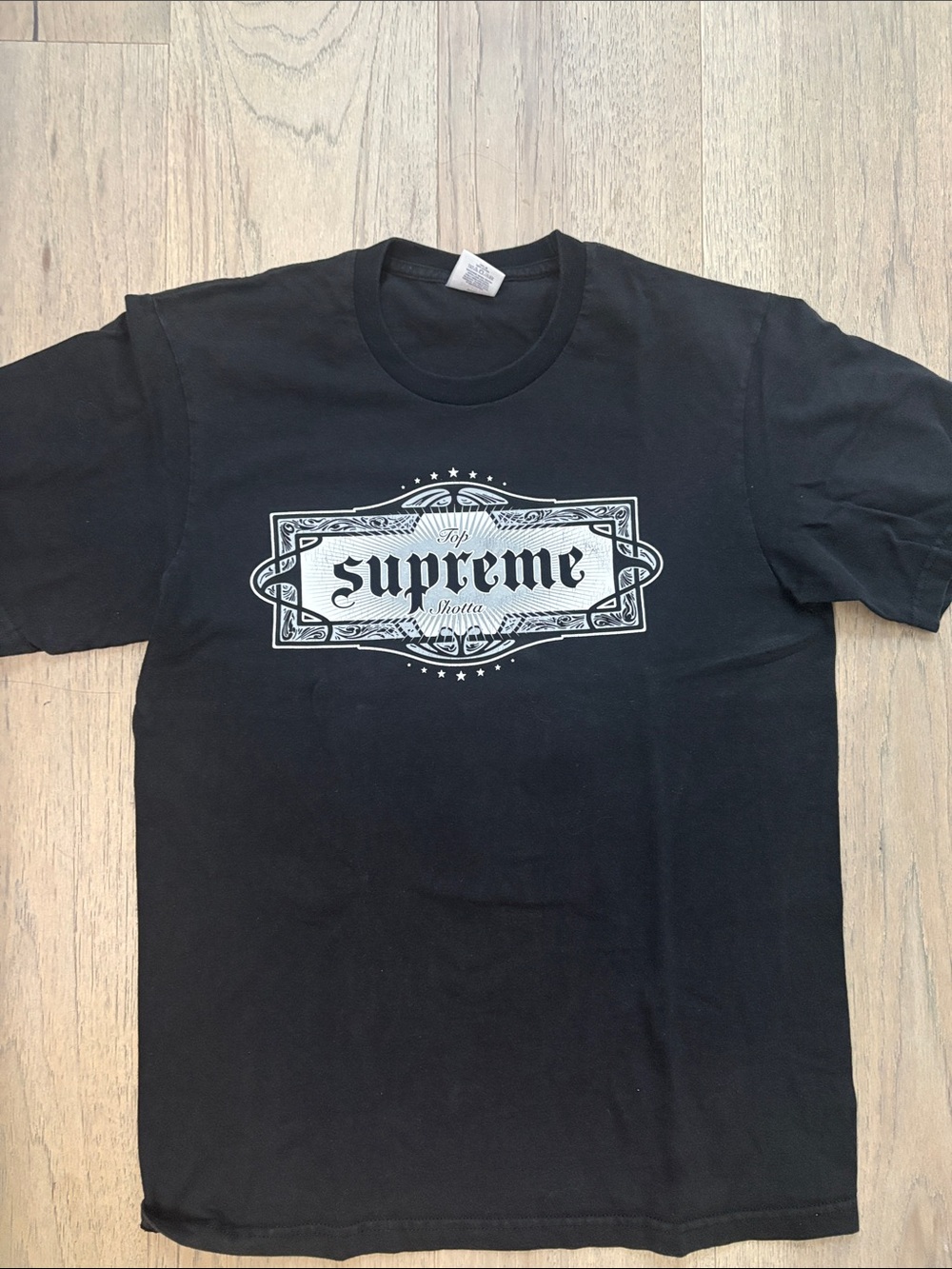 Supreme Black Tee with White Ornate Logo